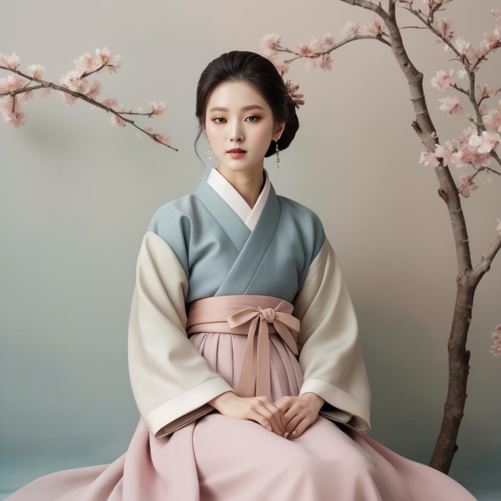 A stunning image of korean elegance in a refined hanbok-inspired outfit surrounded by pale pastel backdrops.