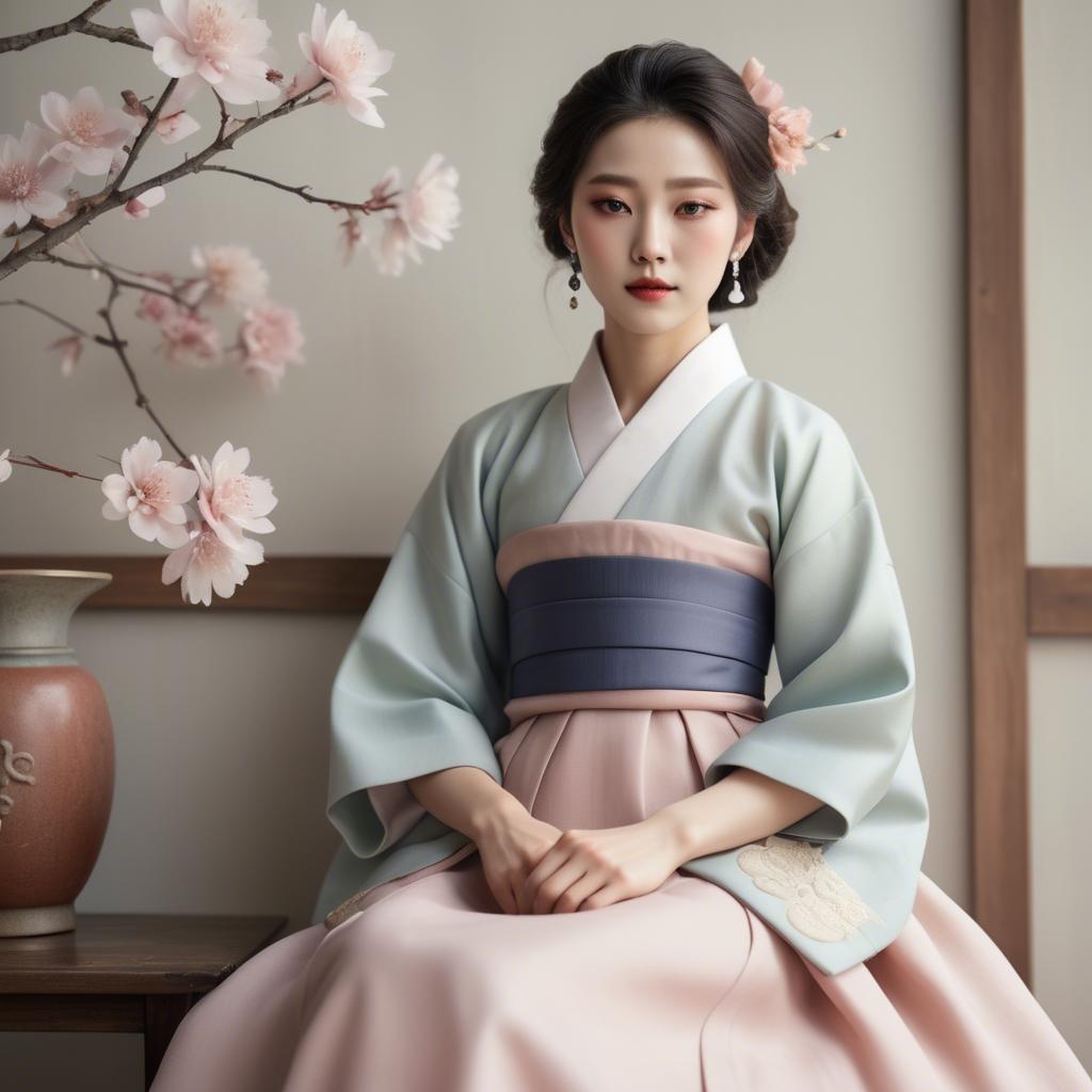 A stunning image of korean elegance in a refined hanbok-inspired outfit surrounded by pale pastel backdrops.