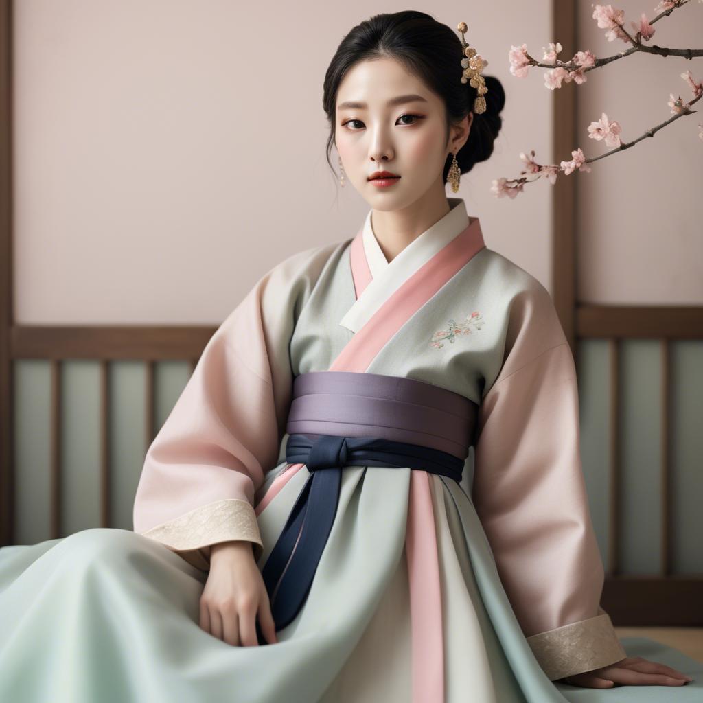 A stunning image of korean elegance in a refined hanbok-inspired outfit surrounded by pale pastel backdrops.