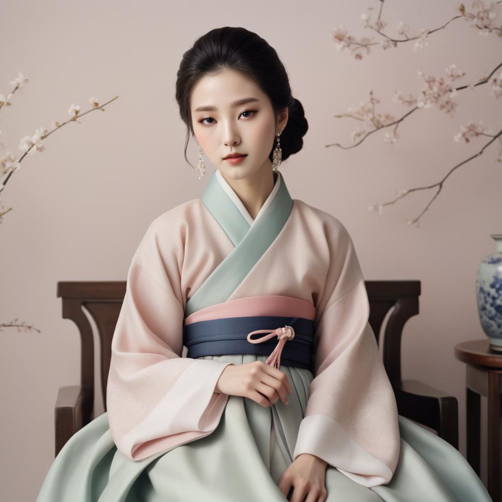 A stunning image of korean elegance in a refined hanbok-inspired outfit surrounded by pale pastel backdrops.