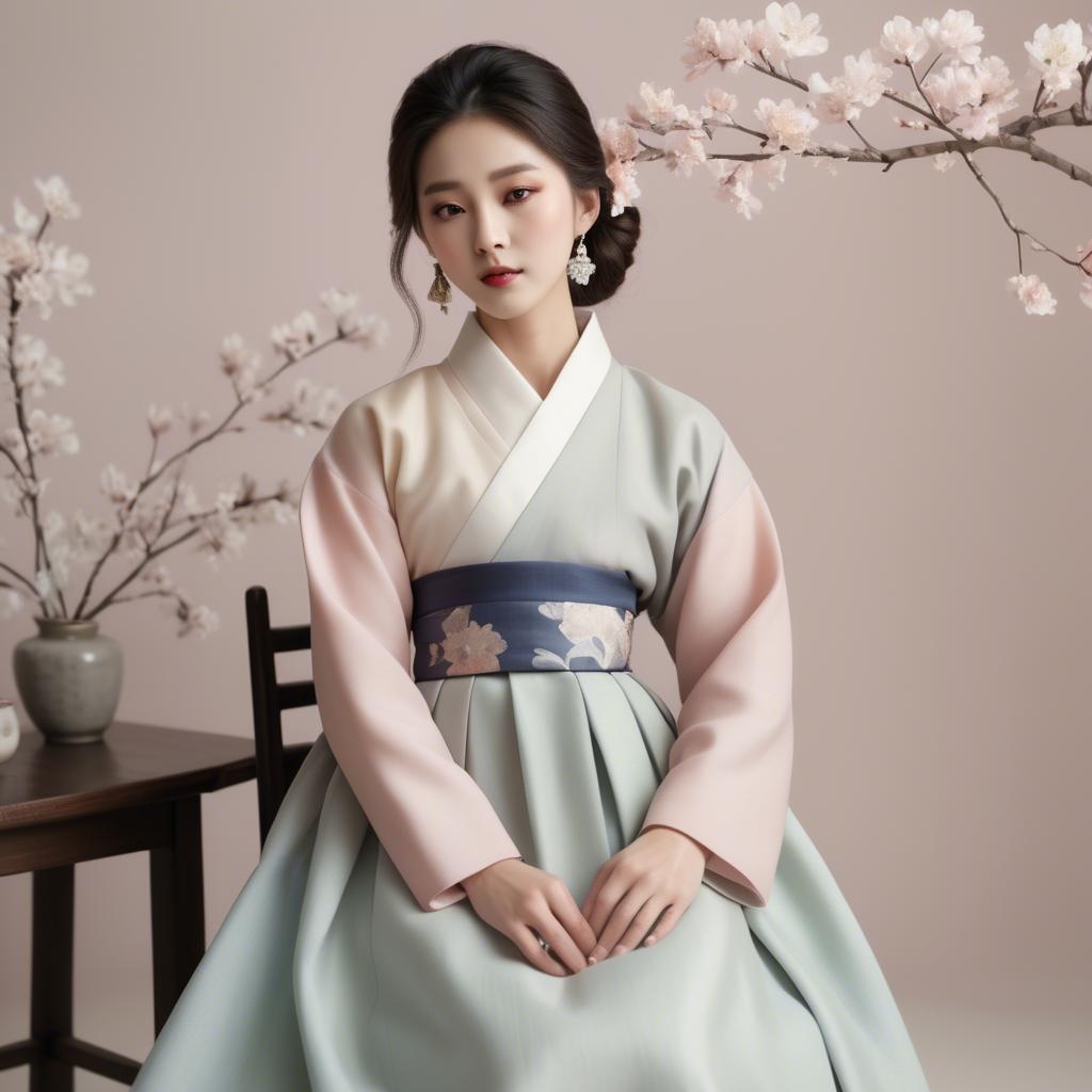 A stunning image of korean elegance in a refined hanbok-inspired outfit surrounded by pale pastel backdrops.