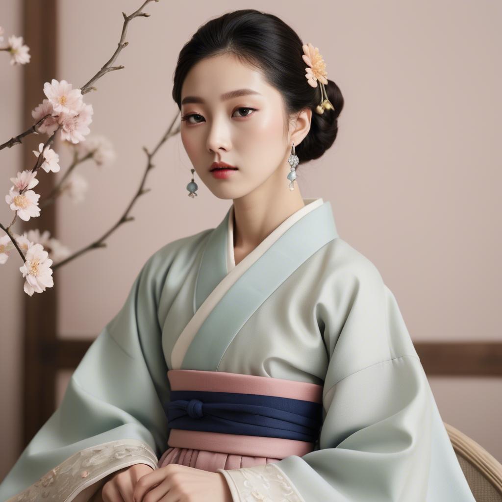 A stunning image of korean elegance in a refined hanbok-inspired outfit surrounded by pale pastel backdrops.