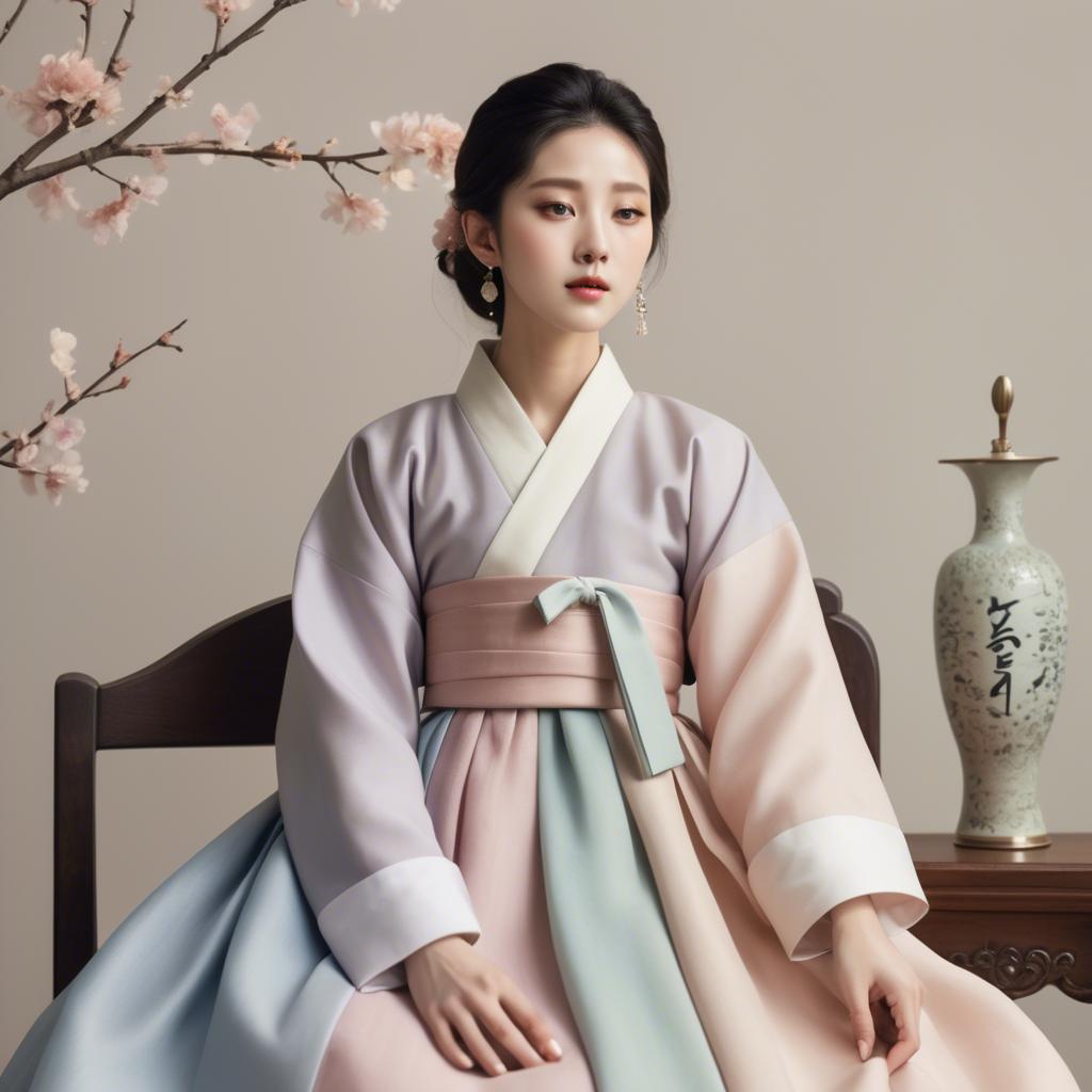 A stunning image of korean elegance in a refined hanbok-inspired outfit surrounded by pale pastel backdrops.