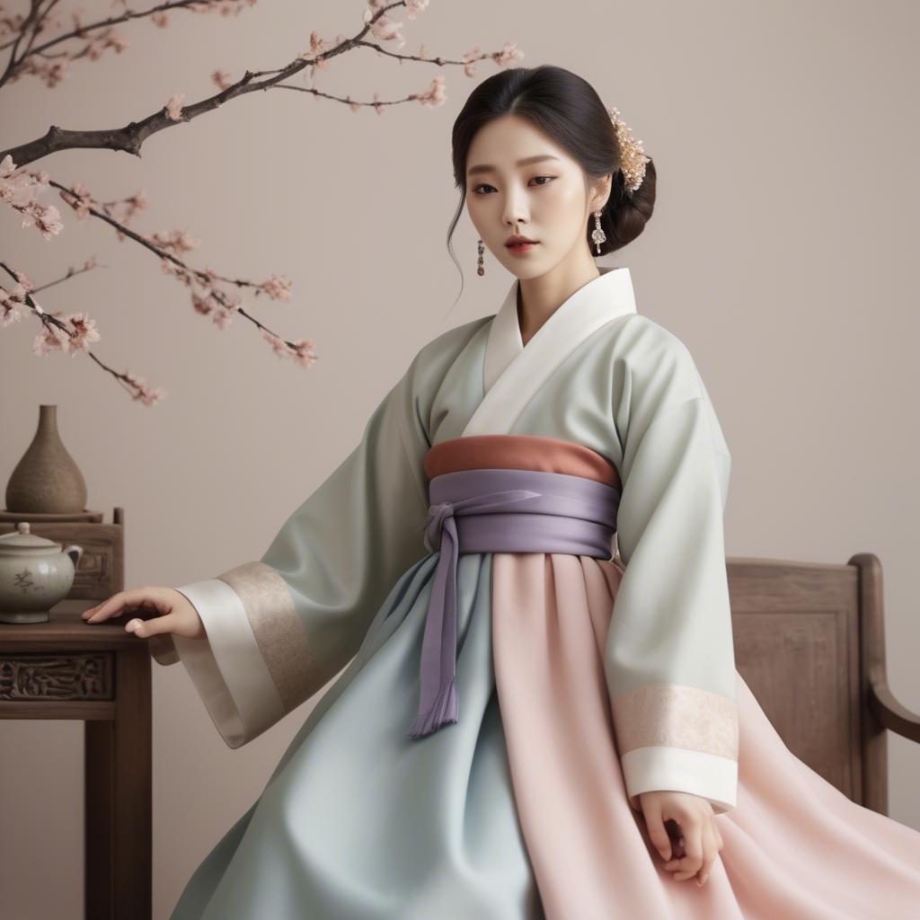 A stunning image of korean elegance in a refined hanbok-inspired outfit surrounded by pale pastel backdrops.