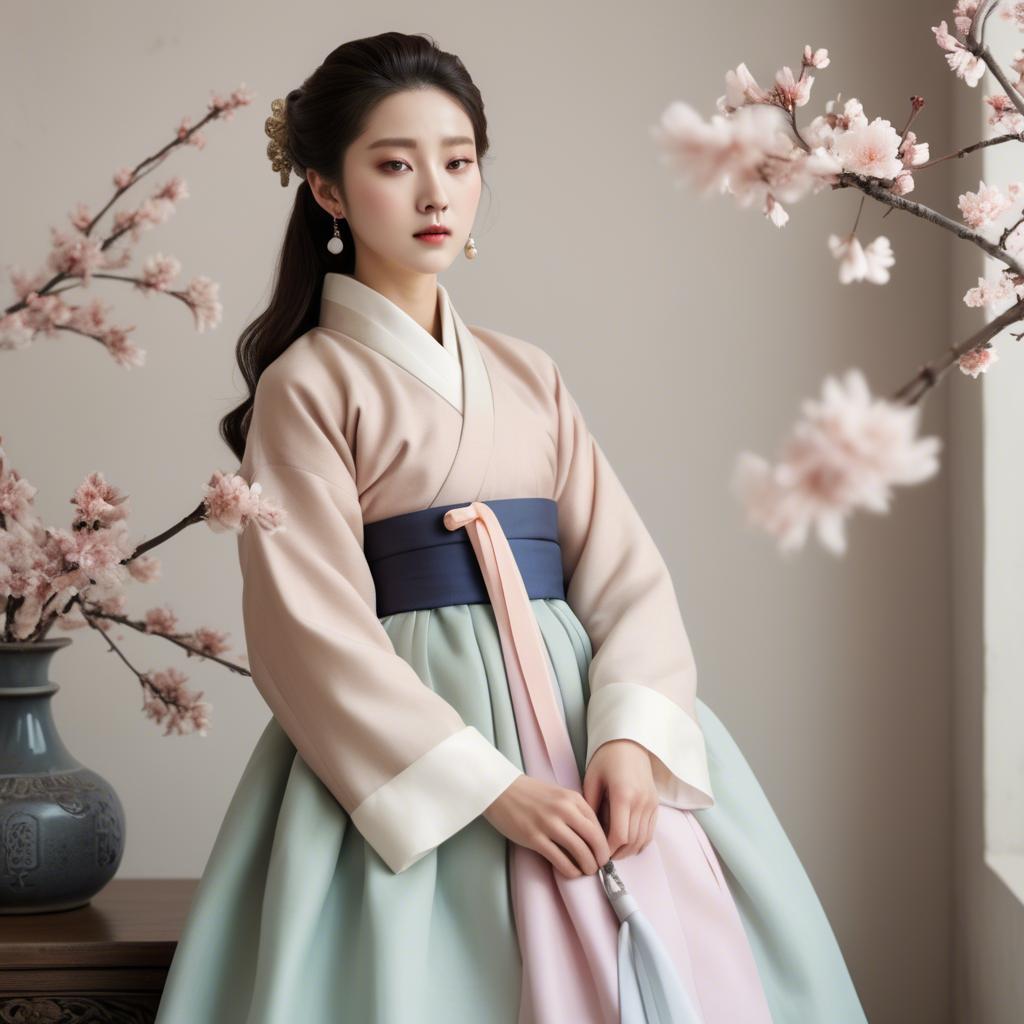 A stunning image of korean elegance in a refined hanbok-inspired outfit surrounded by pale pastel backdrops.