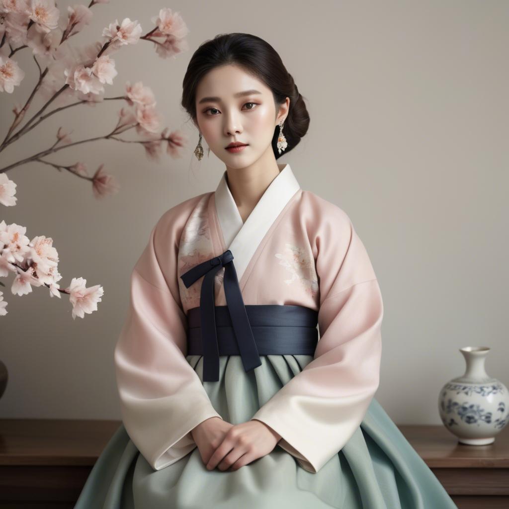 A stunning image of korean elegance in a refined hanbok-inspired outfit surrounded by pale pastel backdrops.