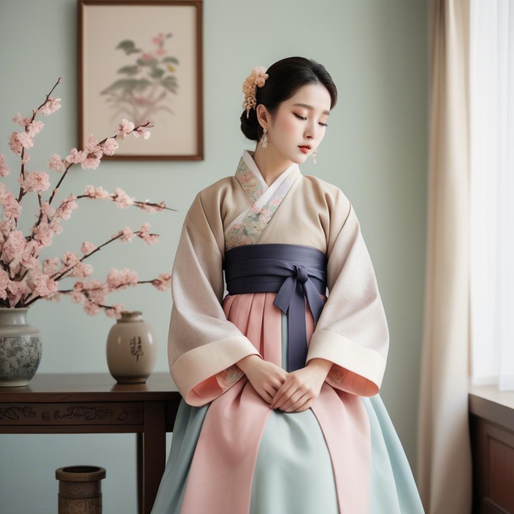 A stunning image of korean elegance in a refined hanbok-inspired outfit surrounded by pale pastel backdrops.