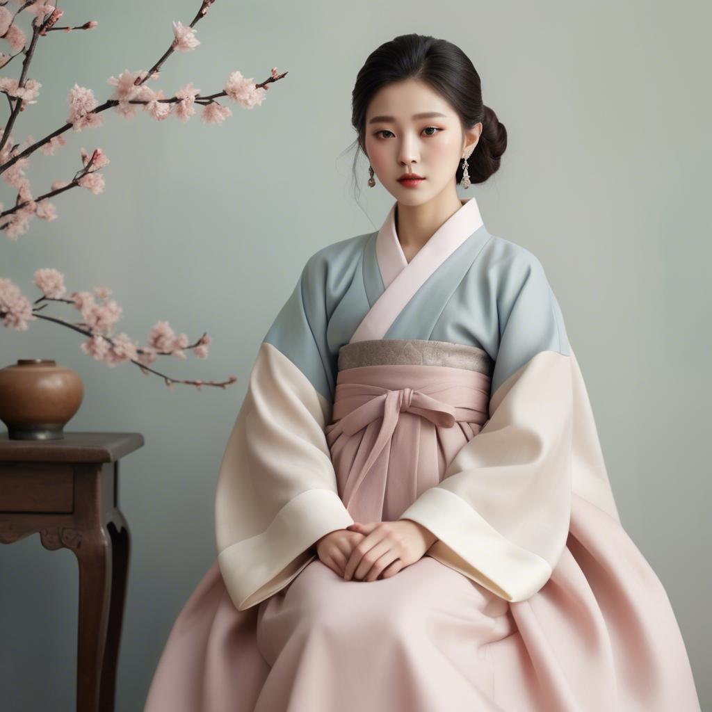 A stunning image of korean elegance in a refined hanbok-inspired outfit surrounded by pale pastel backdrops.