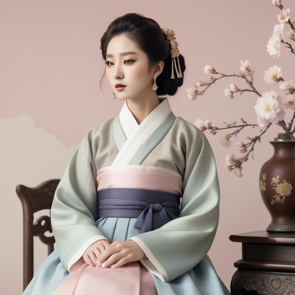 A stunning image of korean elegance in a refined hanbok-inspired outfit surrounded by pale pastel backdrops.