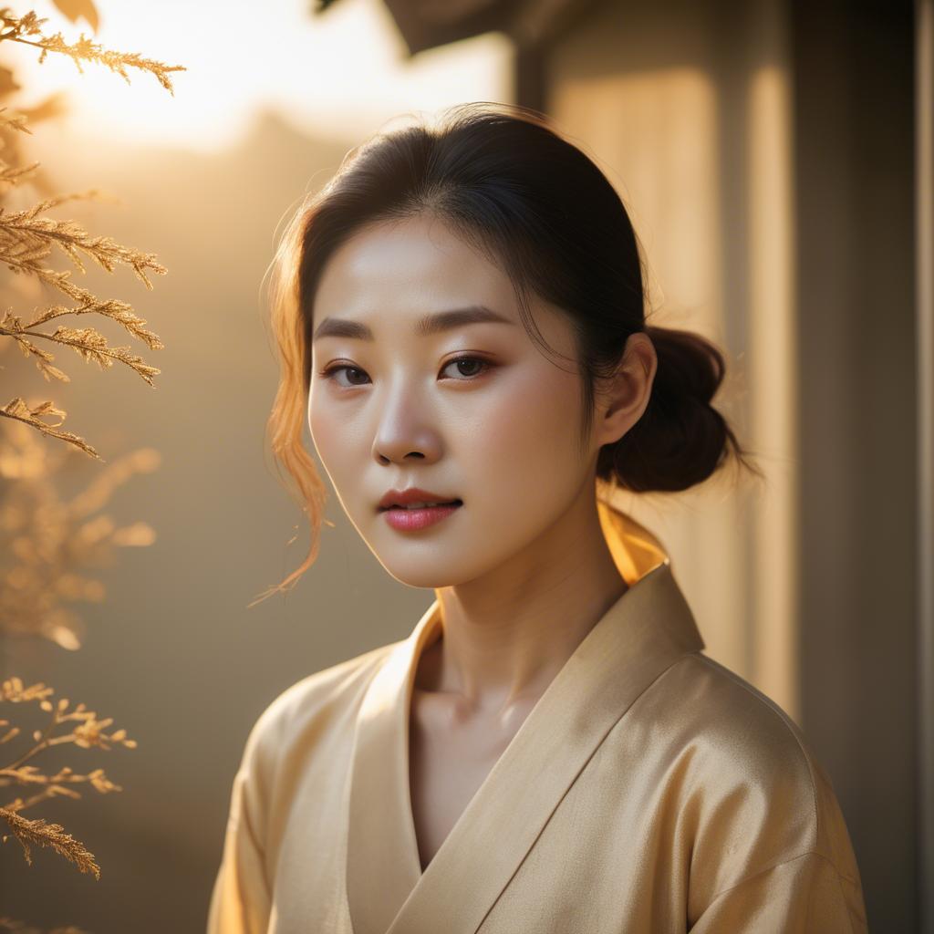 A stunning image of korean woman in soft golden light.