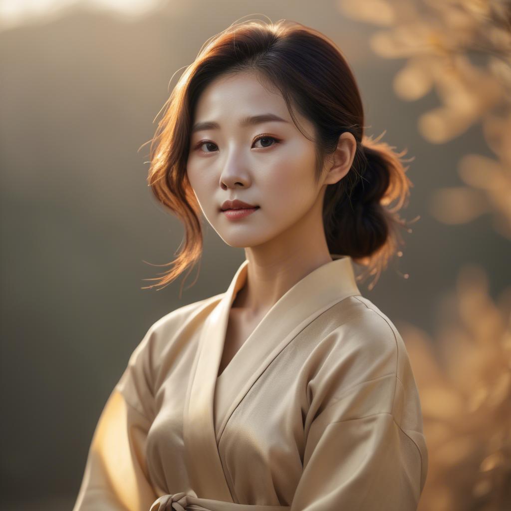 A stunning image of korean woman in soft golden light.