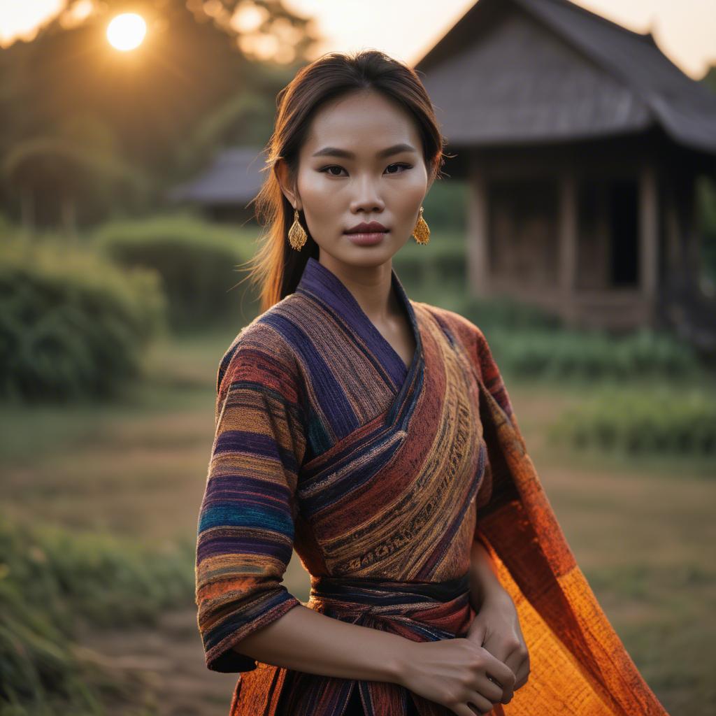 A stunning image of laotian model in vibrant woven textiles illuminated by duskâ€™s golden hour.