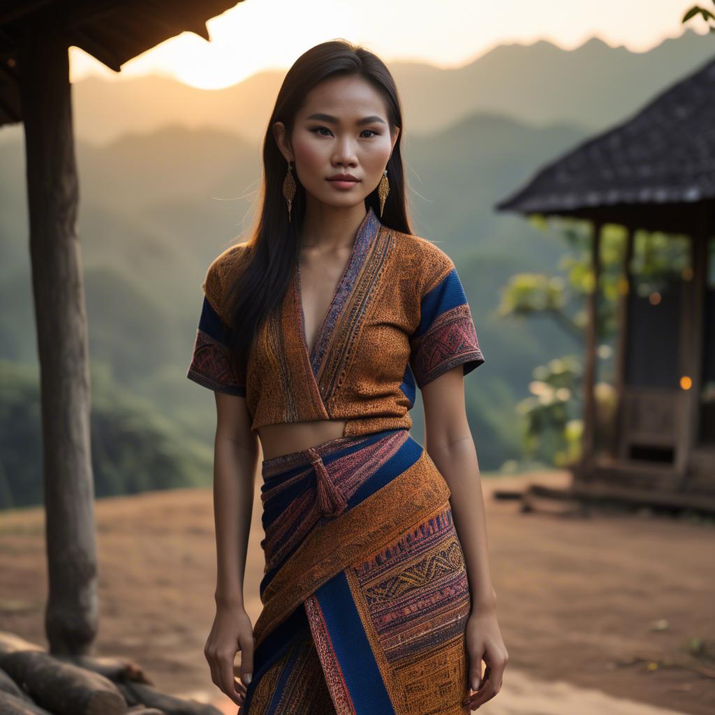 A stunning image of laotian model in vibrant woven textiles illuminated by duskâ€™s golden hour.