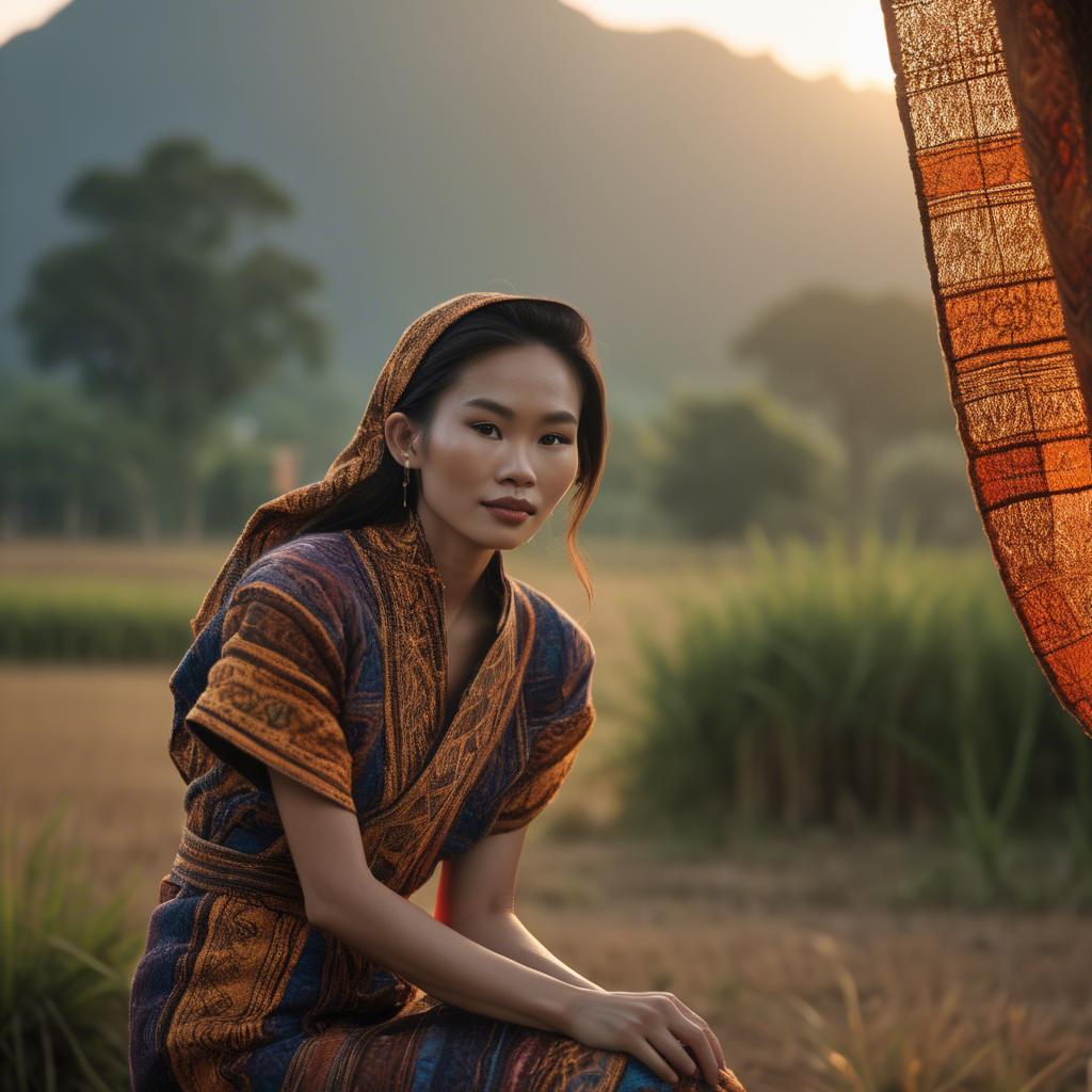 A stunning image of laotian model in vibrant woven textiles illuminated by duskâ€™s golden hour.