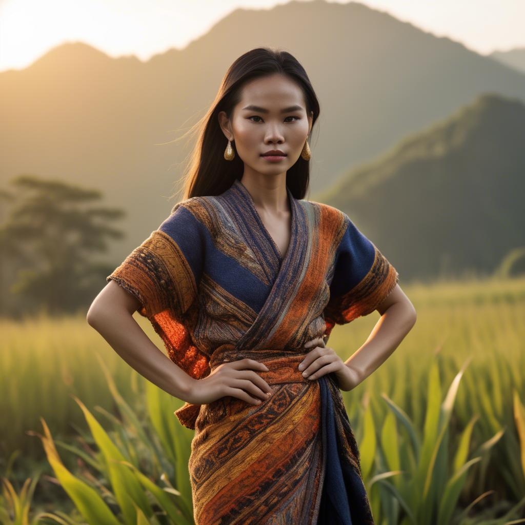 A stunning image of laotian model in vibrant woven textiles illuminated by duskâ€™s golden hour.