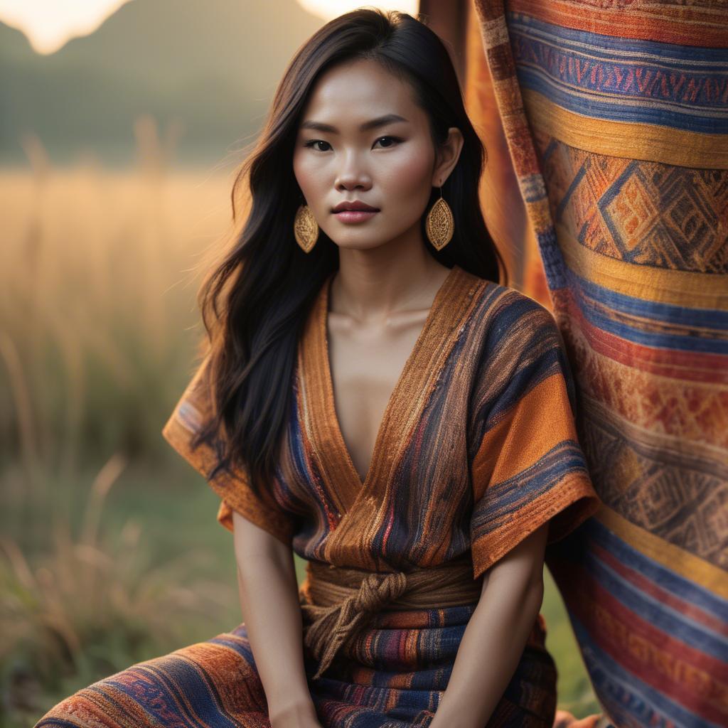 A stunning image of laotian model in vibrant woven textiles illuminated by duskâ€™s golden hour.