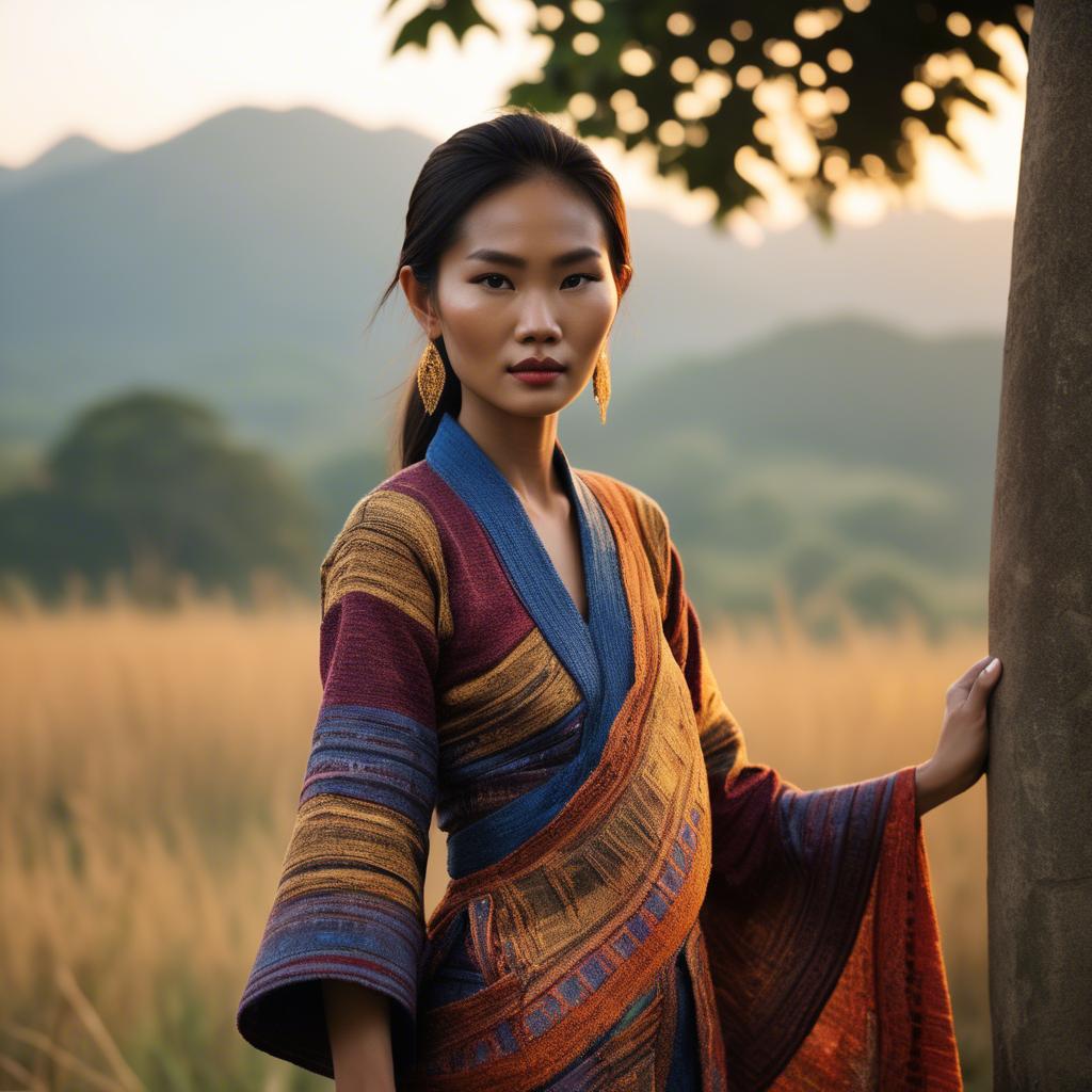 A stunning image of laotian model in vibrant woven textiles illuminated by duskâ€™s golden hour.