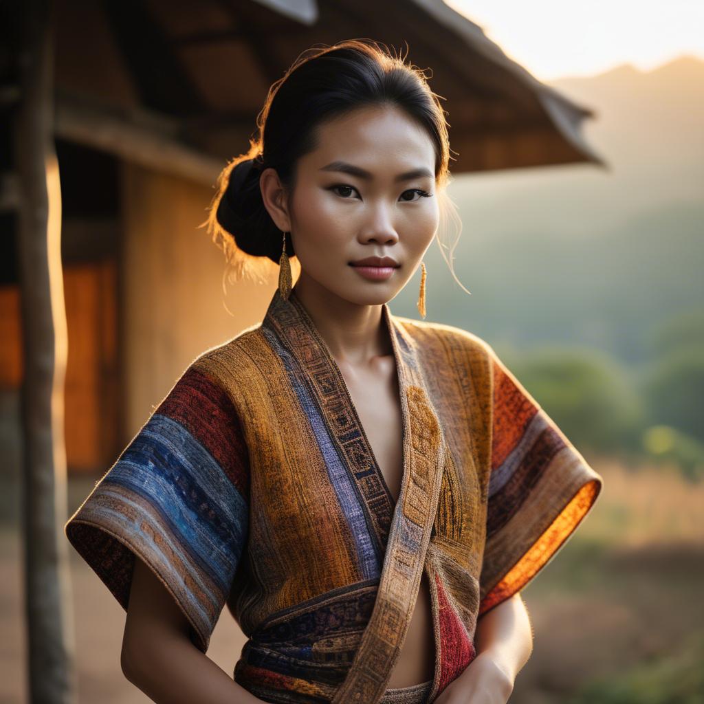 A stunning image of laotian model in vibrant woven textiles illuminated by duskâ€™s golden hour.