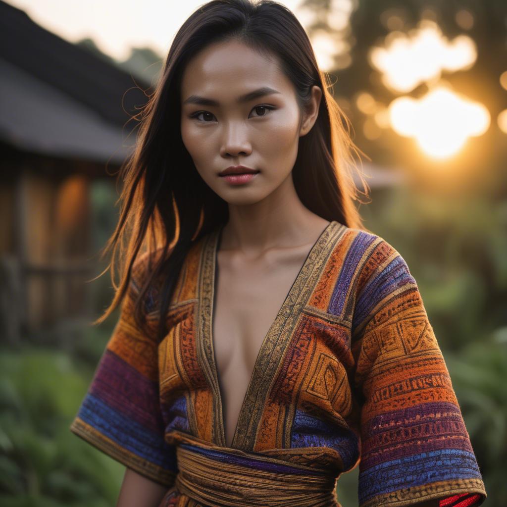 A stunning image of laotian model in vibrant woven textiles illuminated by duskâ€™s golden hour.