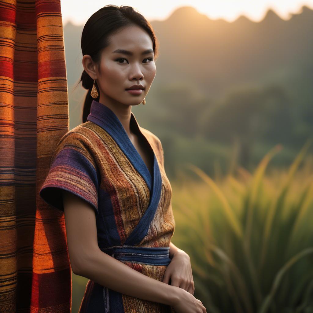 A stunning image of laotian model in vibrant woven textiles illuminated by duskâ€™s golden hour.