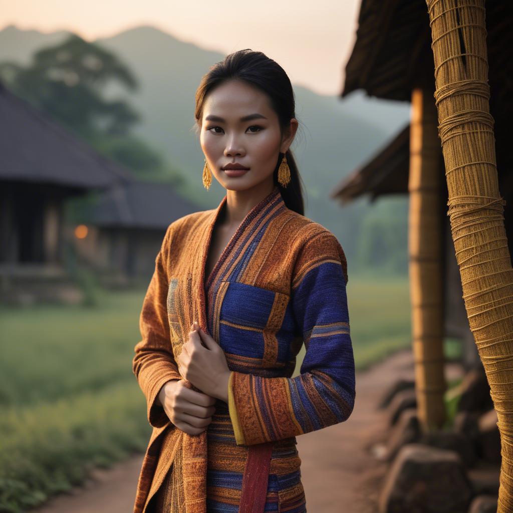 A stunning image of laotian model in vibrant woven textiles illuminated by duskâ€™s golden hour.