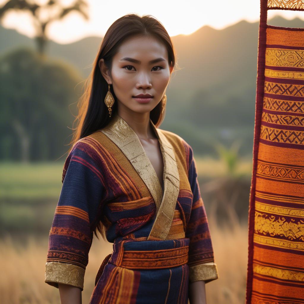 A stunning image of laotian model in vibrant woven textiles illuminated by duskâ€™s golden hour.