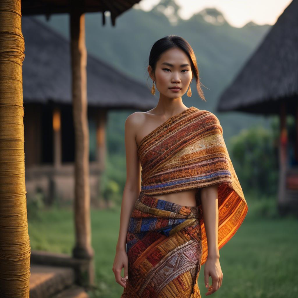 A stunning image of laotian model in vibrant woven textiles illuminated by duskâ€™s golden hour.