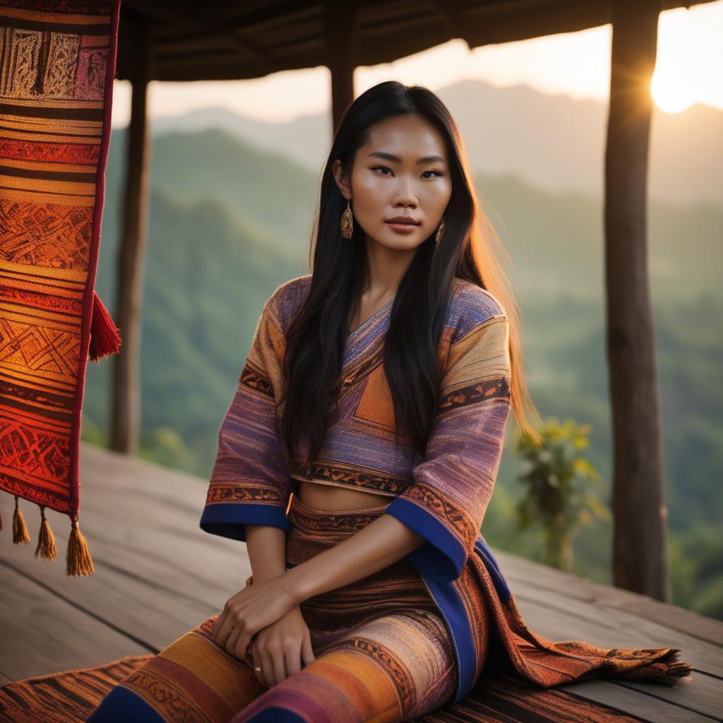 A stunning image of laotian model in vibrant woven textiles illuminated by duskâ€™s golden hour.