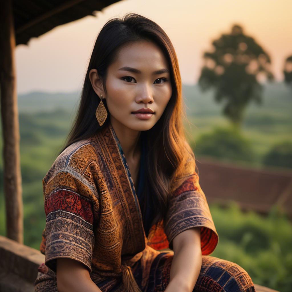 A stunning image of laotian model in vibrant woven textiles illuminated by duskâ€™s golden hour.