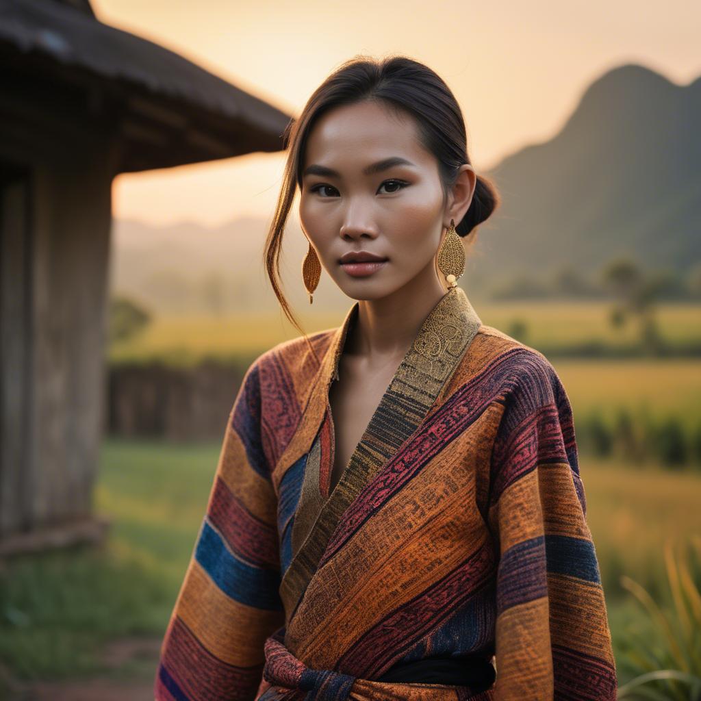 A stunning image of laotian model in vibrant woven textiles illuminated by duskâ€™s golden hour.
