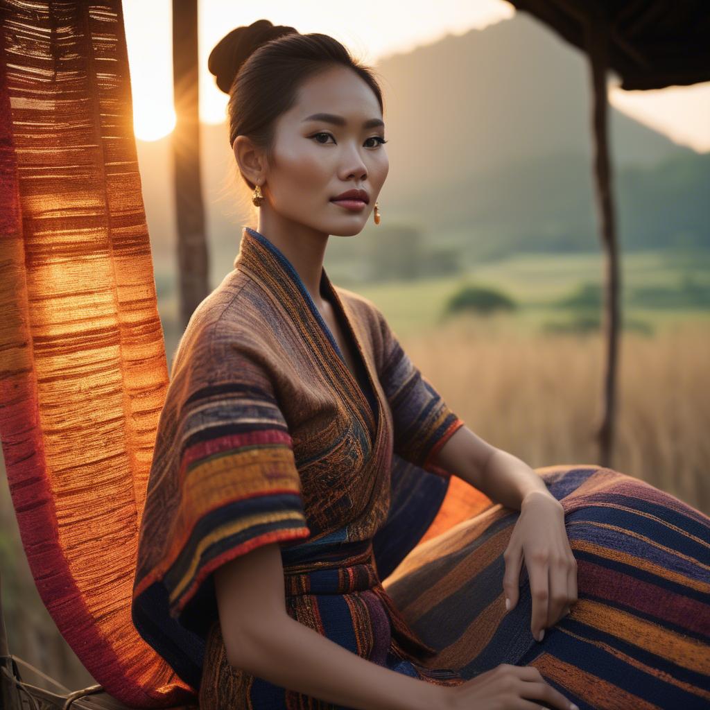 A stunning image of laotian model in vibrant woven textiles illuminated by duskâ€™s golden hour.