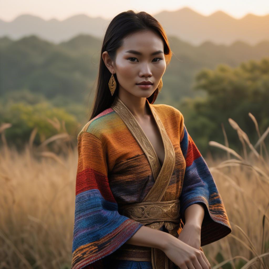 A stunning image of laotian model in vibrant woven textiles illuminated by duskâ€™s golden hour.