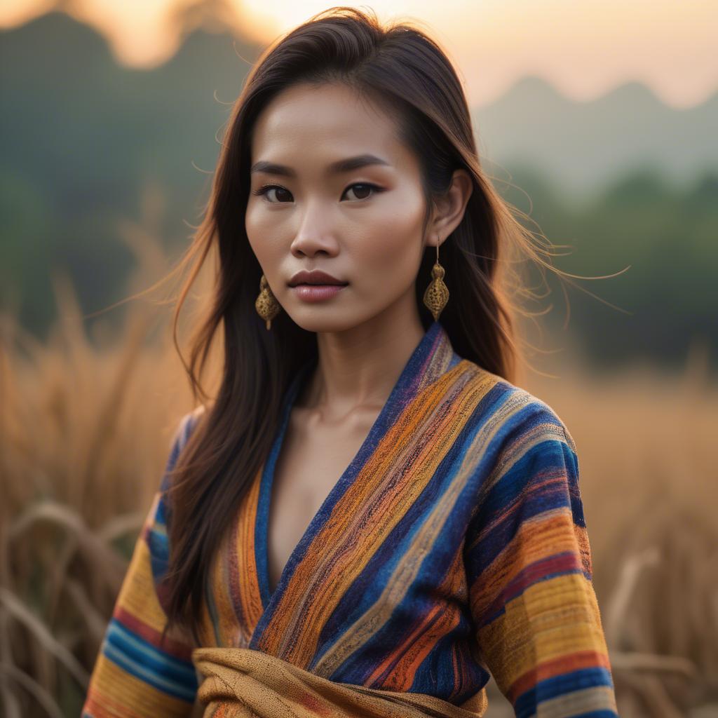 A stunning image of laotian model in vibrant woven textiles illuminated by duskâ€™s golden hour.