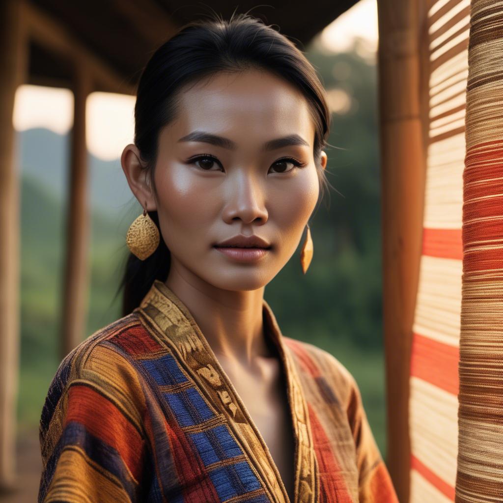 A stunning image of laotian model in vibrant woven textiles illuminated by duskâ€™s golden hour.