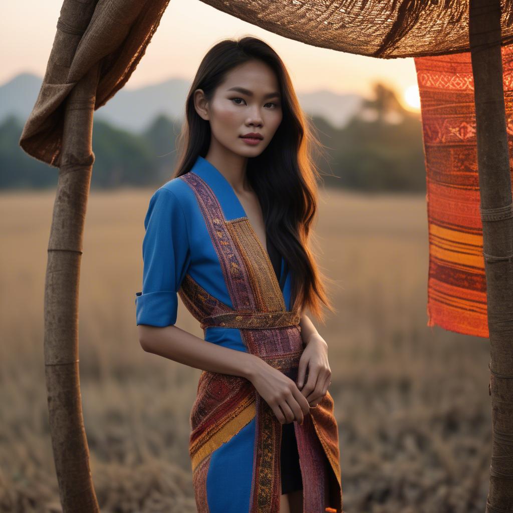 A stunning image of laotian model in vibrant woven textiles illuminated by duskâ€™s golden hour.