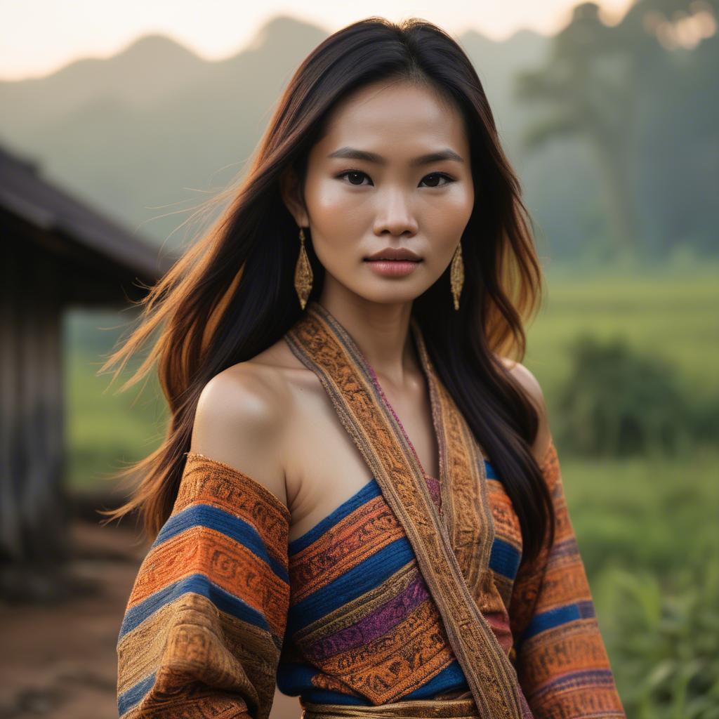 A stunning image of laotian model in vibrant woven textiles illuminated by duskâ€™s golden hour.