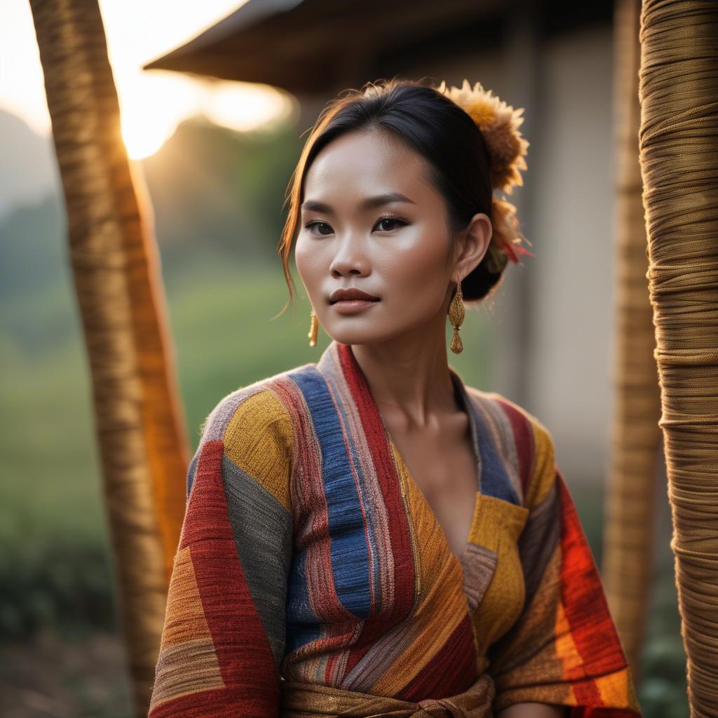 A stunning image of laotian model in vibrant woven textiles illuminated by duskâ€™s golden hour.