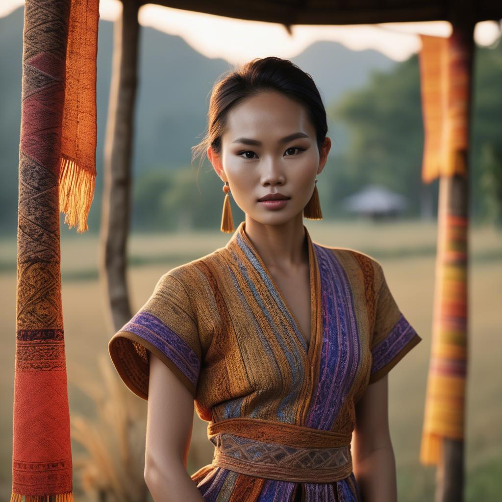 A stunning image of laotian model in vibrant woven textiles illuminated by duskâ€™s golden hour.