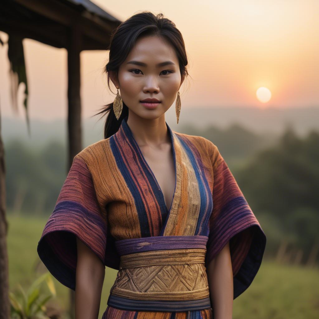 A stunning image of laotian model in vibrant woven textiles illuminated by duskâ€™s golden hour.