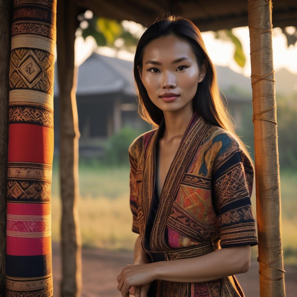 A stunning image of laotian model in vibrant woven textiles illuminated by duskâ€™s golden hour.