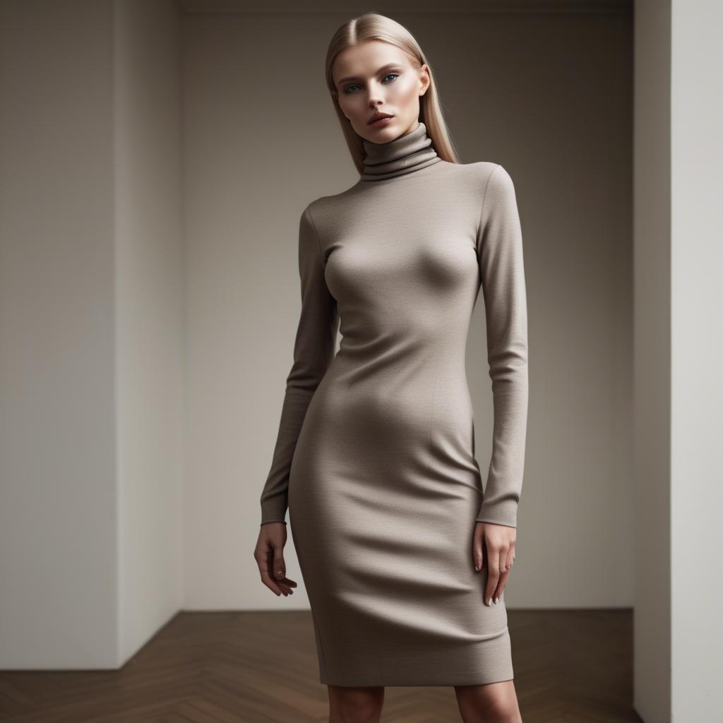 A stunning image of latvian model wearing a sleek turtleneck dress conveying understated sophistication.