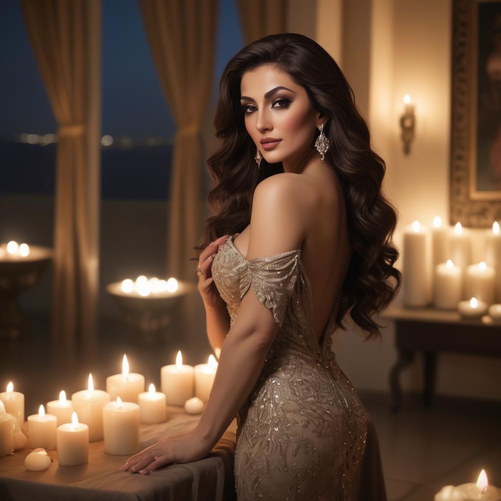 A stunning image of lebanese diva in luxurious evening wear bathed in gentle candlelit ambiance.