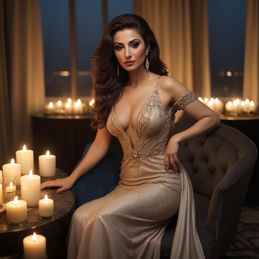 A stunning image of lebanese diva in luxurious evening wear bathed in gentle candlelit ambiance.