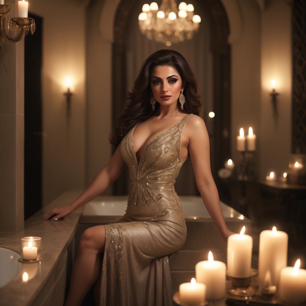 A stunning image of lebanese diva in luxurious evening wear bathed in gentle candlelit ambiance.
