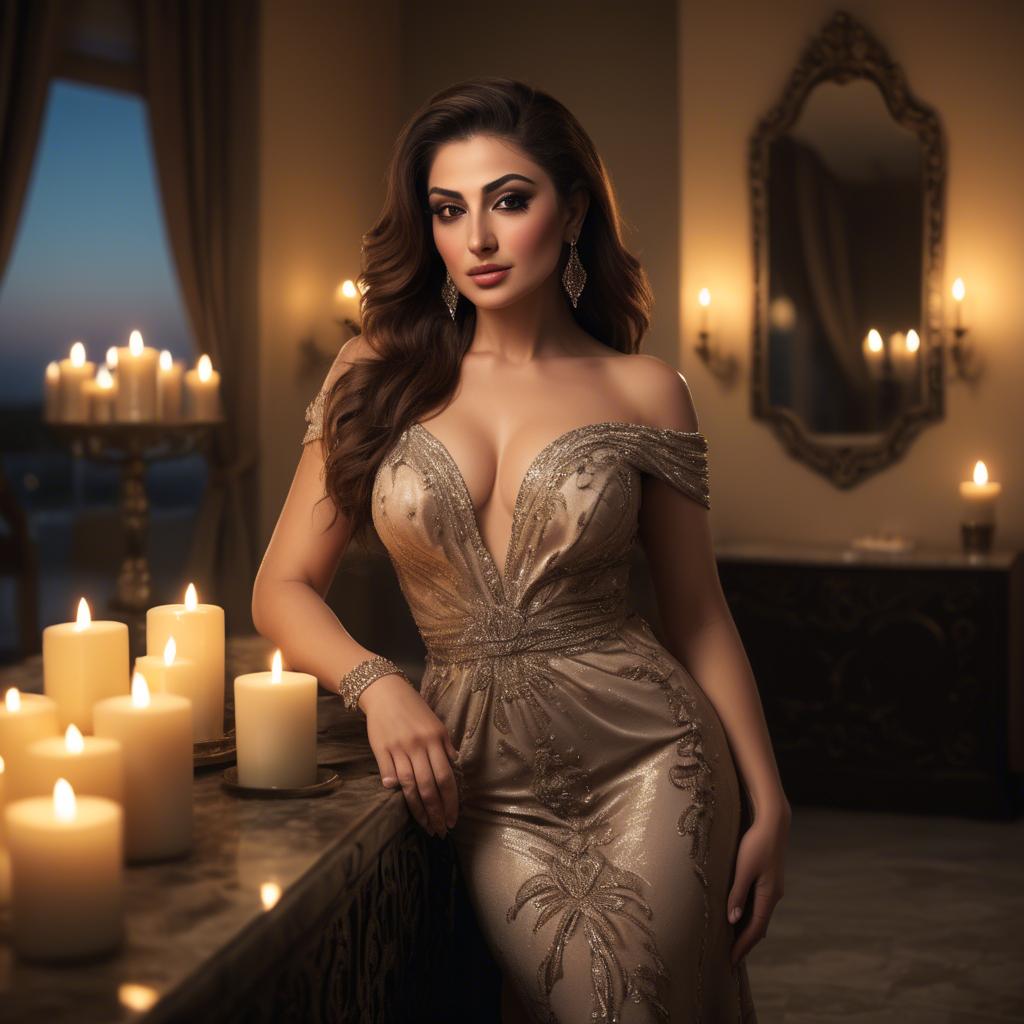 A stunning image of lebanese diva in luxurious evening wear bathed in gentle candlelit ambiance.