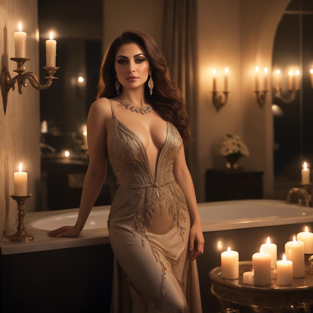 A stunning image of lebanese diva in luxurious evening wear bathed in gentle candlelit ambiance.