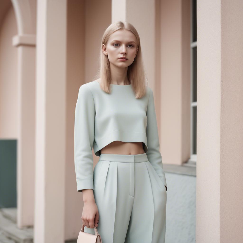 A stunning image of lithuanian elegance in a minimalist two-piece outfit captured in gentle pastel settings.