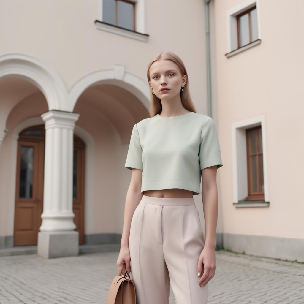 A stunning image of lithuanian elegance in a minimalist two-piece outfit captured in gentle pastel settings.