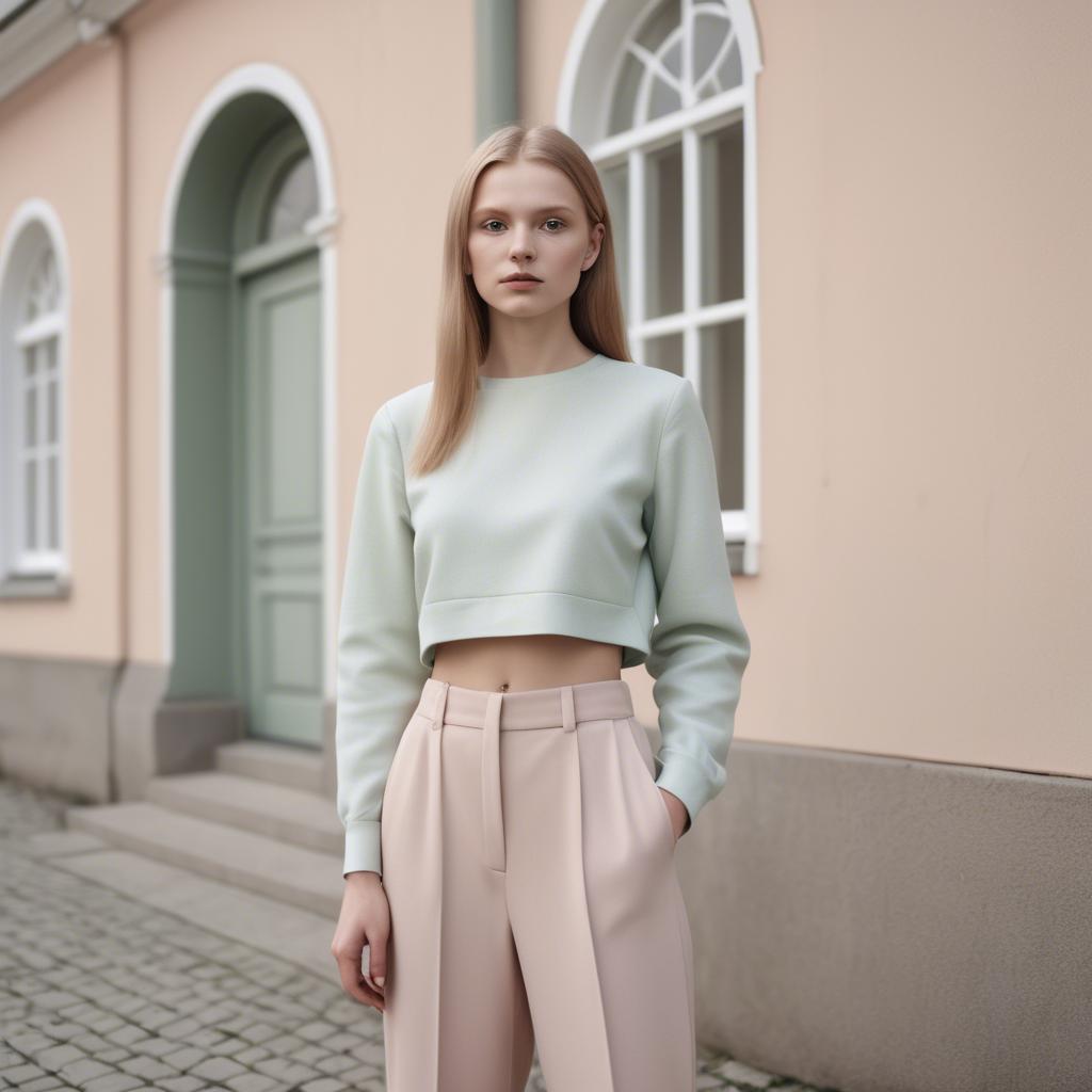 A stunning image of lithuanian elegance in a minimalist two-piece outfit captured in gentle pastel settings.