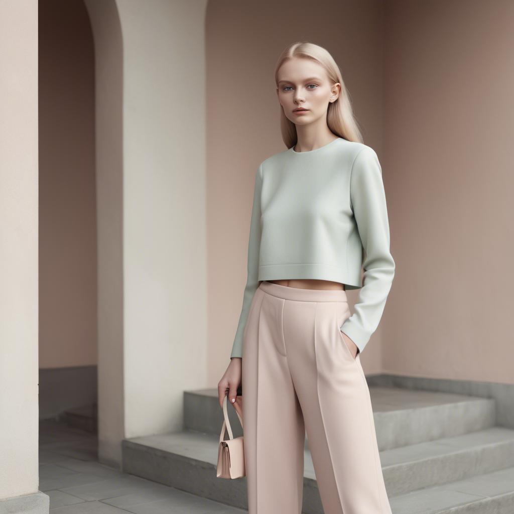 A stunning image of lithuanian elegance in a minimalist two-piece outfit captured in gentle pastel settings.